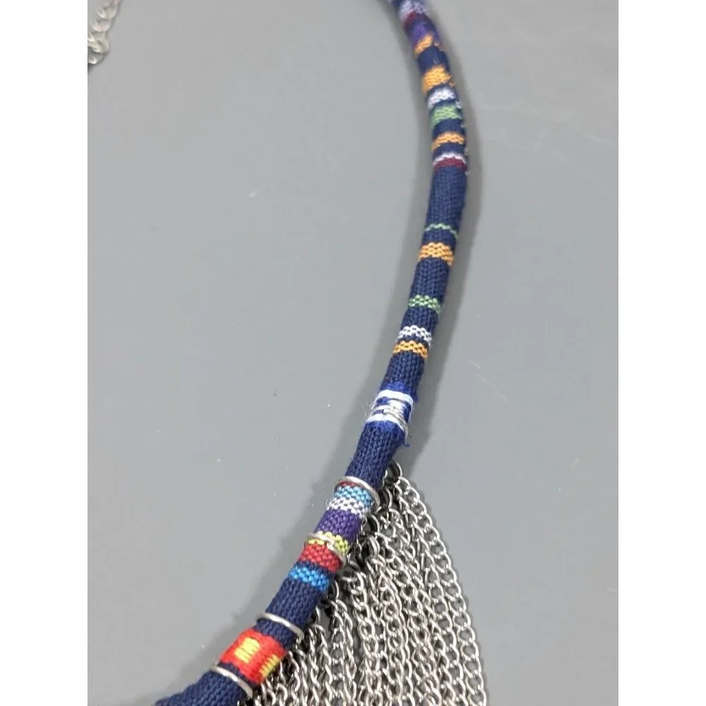 Boho Fringe Necklace Tribal Fabric Cord Waterfall  Chain‎ Statement Festival 23